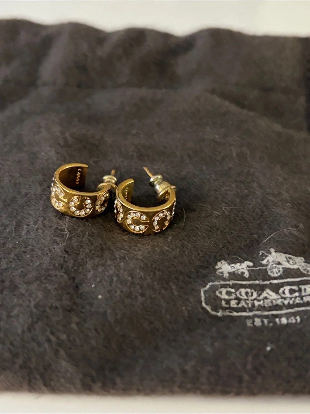 Coach Gold Hoop Earrings with Crystal Accents - Picture 2 of 3